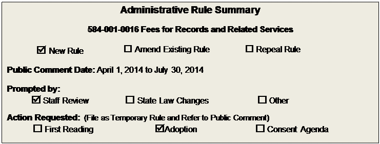 Text Box: Administrative Rule Summary

584-001-0016 Fees for Records and Related Services

 New Rule	 Amend Existing Rule	 Repeal Rule

Public Comment Date: April 1, 2014 to July 30, 2014

Prompted by:  
 Staff Review	 State Law Changes	 Other
Action Requested:  (File as Temporary Rule and Refer to Public Comment)
 First Reading	Adoption	 Consent Agenda

