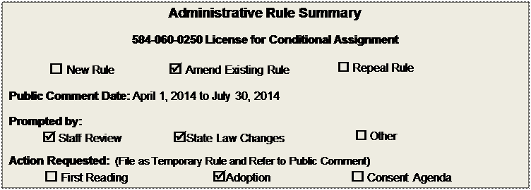Text Box: Administrative Rule Summary
584-060-0250 License for Conditional Assignment
 New Rule	 Amend Existing Rule	 Repeal Rule

Public Comment Date: April 1, 2014 to July 30, 2014

Prompted by:  
 Staff Review	State Law Changes	 Other
Action Requested:  (File as Temporary Rule and Refer to Public Comment)
 First Reading	Adoption	 Consent Agenda

