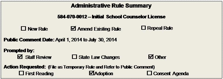 Text Box: Administrative Rule Summary

584-070-0012  Initial School Counselor License

 New Rule	 Amend Existing Rule	 Repeal Rule

Public Comment Date: April 1, 2014 to July 30, 2014

Prompted by:  
  Staff Review	 State Law Changes	 Other
Action Requested:  (File as Temporary Rule and Refer to Public Comment)
 First Reading	Adoption	 Consent Agenda

