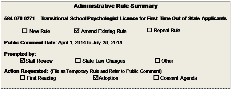 Text Box: Administrative Rule Summary

584-070-0271  Transitional School Psychologist License for First Time Out-of-State Applicants

 New Rule	 Amend Existing Rule	 Repeal Rule

Public Comment Date: April 1, 2014 to July 30, 2014

Prompted by:  
Staff Review	 State Law Changes	 Other
Action Requested:  (File as Temporary Rule and Refer to Public Comment)
 First Reading	Adoption	 Consent Agenda

