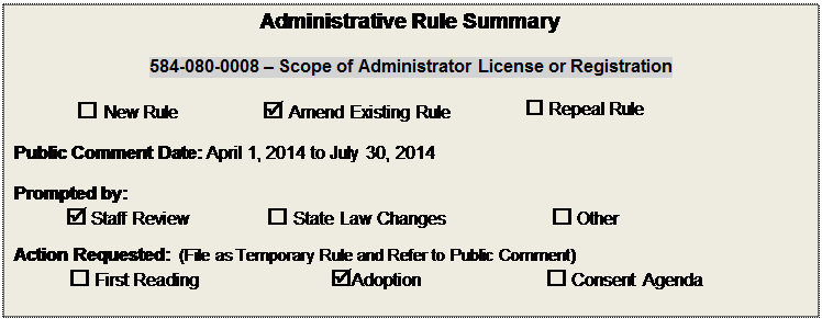 Text Box: Administrative Rule Summary

584-080-0008  Scope of Administrator License or Registration

 New Rule	 Amend Existing Rule	 Repeal Rule

Public Comment Date: April 1, 2014 to July 30, 2014

Prompted by:  
 Staff Review	 State Law Changes	 Other
Action Requested:  (File as Temporary Rule and Refer to Public Comment)
 First Reading	Adoption	 Consent Agenda

